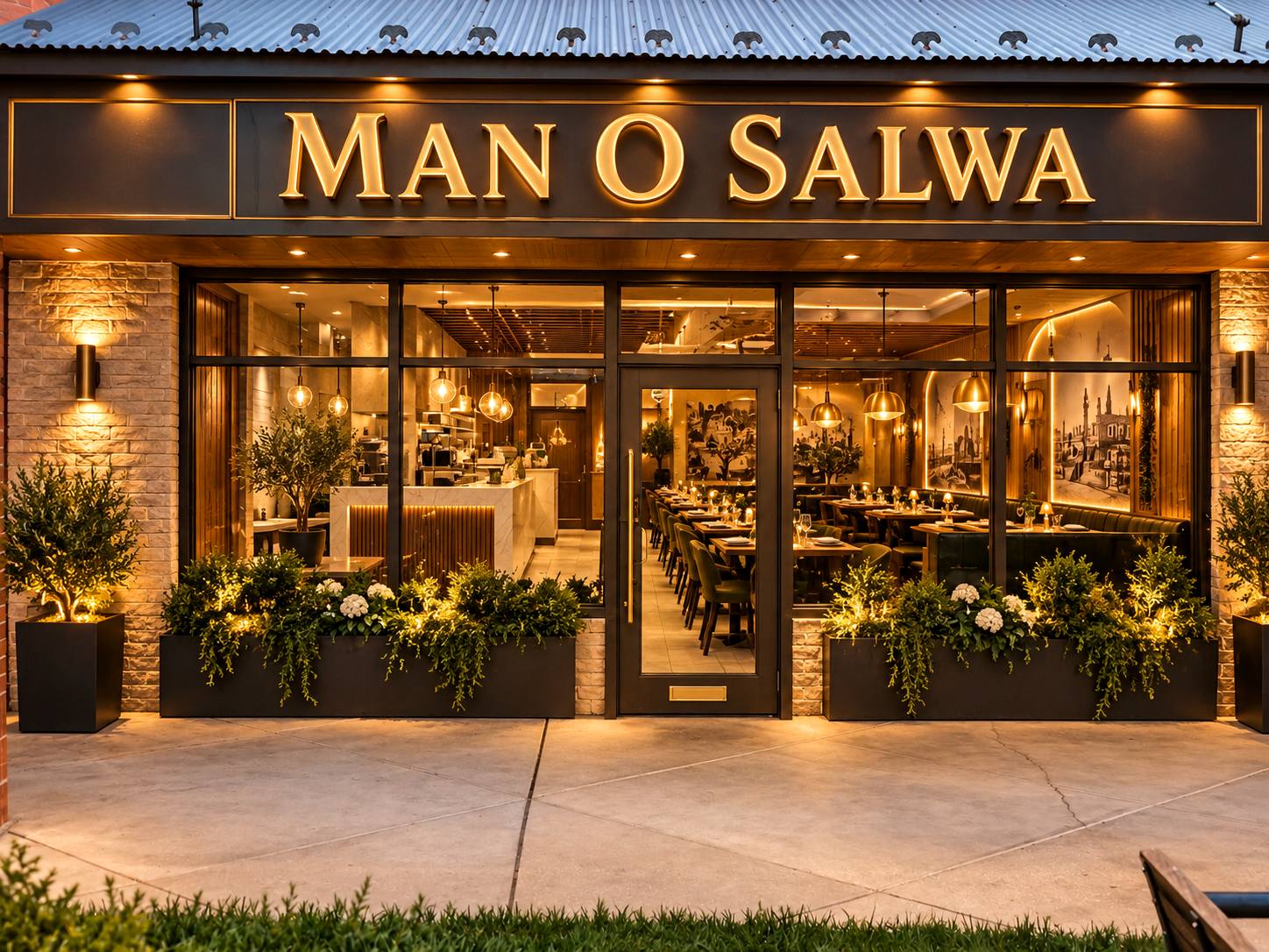 Man o Salwa storefront at dusk with the gold sign lit and the dining room visible through the windows